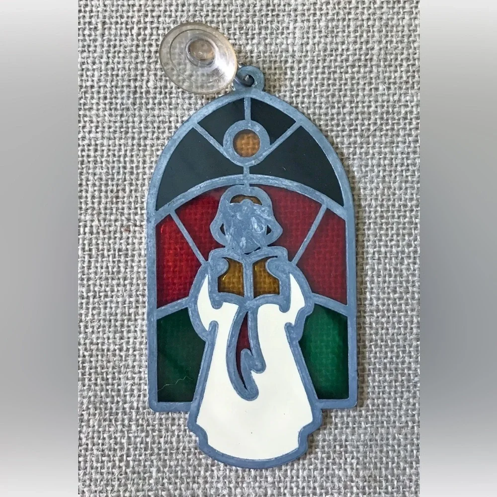 Vintage Christmas Sun Catcher Choir Singer Church Stained Glass Pewter Frame